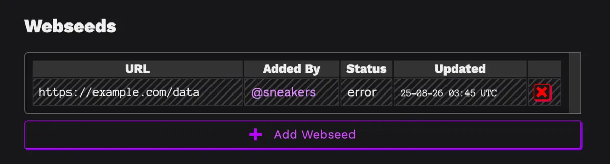 A table of webseeds, showing one existing webseed, grayed out because it's invalid, and a button prompting one to add a webseed