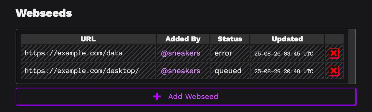 Our webseed url now shows in the table with the status of "queued"